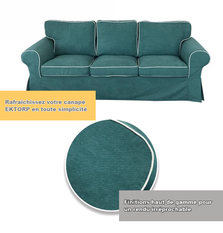 Housse canapé IKEA EKTORP velours strié renforcé turquoise passepoil blanc tissu