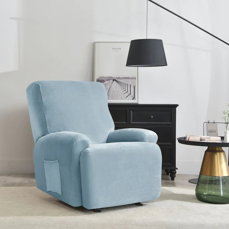 housse pour fauteuil relaxation velours bleue ciel de profil